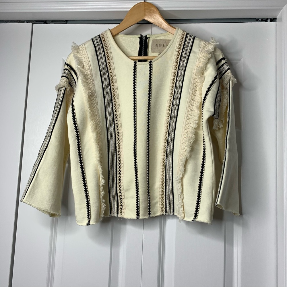 Moon River Ivory Black Stripes Fringe Boho Embroidery Top Women’s Size US XS